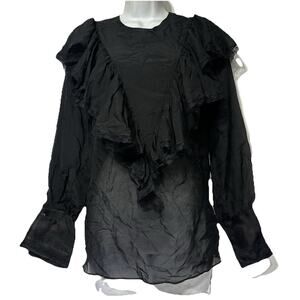 J.ING Black Ruffled Long Sleeve 100% Mulberry Silk Blouse Top Size M